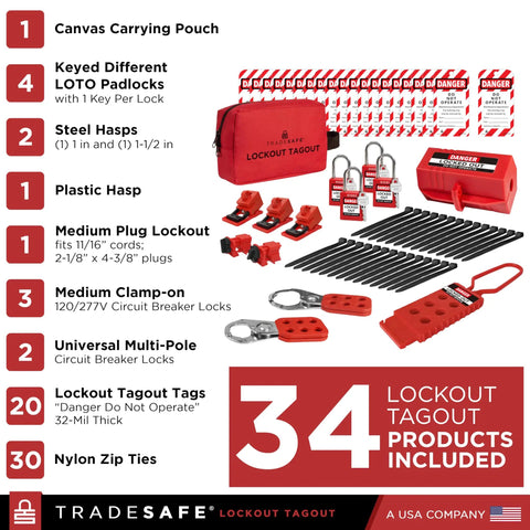 OSHA Compliant Pro Grade Electrical Lockout Tagout Kit With 34 Devices All In One Bundle Includes Hasps Clamp On And Universal Circuit Breaker Lockouts Tags Plug Lock Loto Locks Set Red Carrying Bag