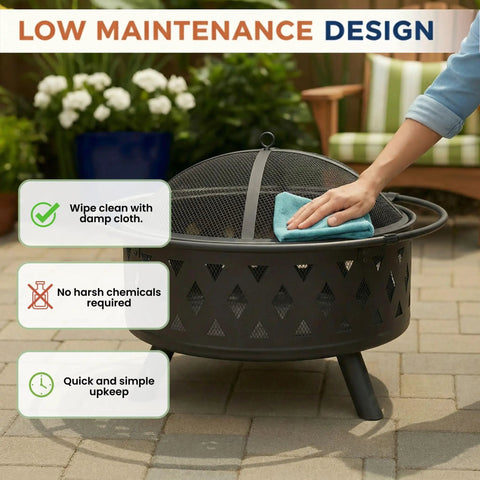 Hand cleaning 32 Inch Outdoor Wood Fire Pit With Screen, Poker, And Cover For Backyard Hangouts, Deck Or Patio, Durable Powder Coated Steel With Cross Weave Design In Black.