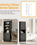 Tall Narrow Black Metal Storage Cabinet With Four Adjustable Shelves A True Space Saving Workhorse in kitchen setting