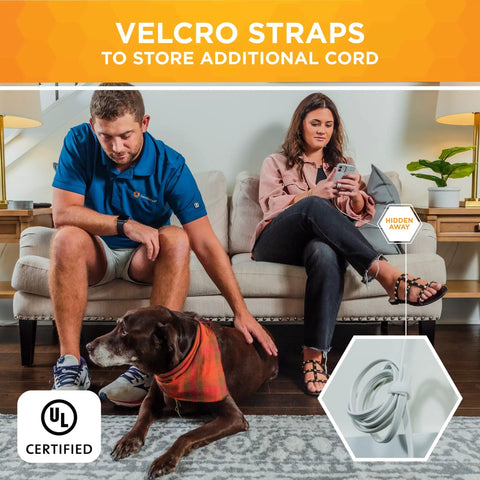 Flat Plug Sofa Power Cord With Six Outlets Total, Two Six Foot Cords, 16 Gauge Grounded Three Prong Plug, White Cable That Blends With Wall, Space Saving For Couches And Media Setups