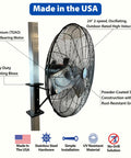 Heavy Duty Boat Dock Fan Mount For Four Inch Square Posts Featuring No Sweat Easy Installation All Weather Rust Proof Marine Grade Hardware And Swivel Tilt Design For Ultimate Backyard Chill Vibes with 24-inch fan close-up.