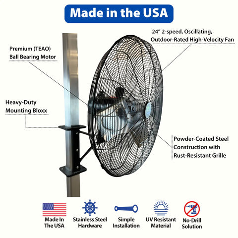 Heavy Duty Boat Dock Fan Mount For Four Inch Square Posts Featuring No Sweat Easy Installation All Weather Rust Proof Marine Grade Hardware And Swivel Tilt Design For Ultimate Backyard Chill Vibes with 24-inch fan close-up.