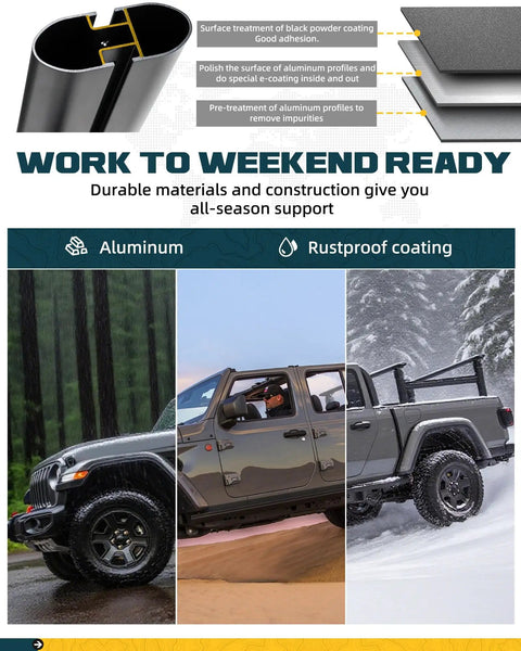Ladder Rack With Side Bars For Trucks 800 Lb Capacity Fits Toyota Tacoma And Jeep Gladiator Heavy Duty Roof Mount Adjustable Height And Length Ideal For Tools And Gear, aluminum, rustproof coating