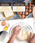 Hands kneading dough on pastry mat with dough scraper and eggs, part of Ultimate Sourdough Starter Kit With Banneton Proofing Baskets 14 Piece Bread Making Set Pro Grade Complete Sourdough Baking Supplies Kit Includes Glass Starter Jar Pastry Mat Danish Dough Whisk Thermometer Sticker Silicone Brush Spatula And Pink.
