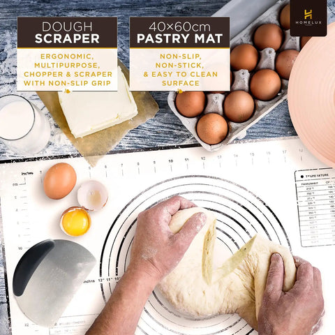 Hands kneading dough on pastry mat with dough scraper and eggs, part of Ultimate Sourdough Starter Kit With Banneton Proofing Baskets 14 Piece Bread Making Set Pro Grade Complete Sourdough Baking Supplies Kit Includes Glass Starter Jar Pastry Mat Danish Dough Whisk Thermometer Sticker Silicone Brush Spatula And Pink.