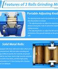 Heavy-Duty Pro Grade Triple Roll Mill Grinder Machine 220V with 3.94 x 9.84 inch metal rollers for fine grinding in labs and industry.