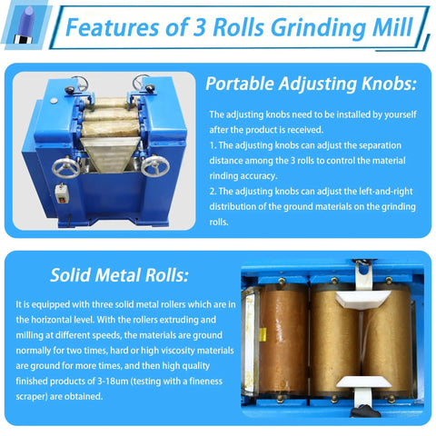 Heavy-Duty Pro Grade Triple Roll Mill Grinder Machine 220V with 3.94 x 9.84 inch metal rollers for fine grinding in labs and industry.