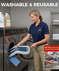 Woman placing 42 Inch Commercial Dust Mop With Extra Wide Flat Head Heavy Duty Swivel Design into washing machine for cleaning.
