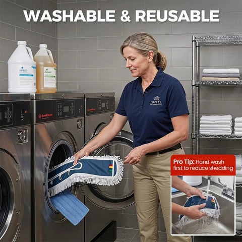 Woman placing 42 Inch Commercial Dust Mop With Extra Wide Flat Head Heavy Duty Swivel Design into washing machine for cleaning.