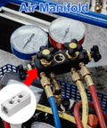 Rugged Aluminum Air Manifold 2 Way 4 Port Inline Block For Pneumatic Systems with gauges and hoses connected