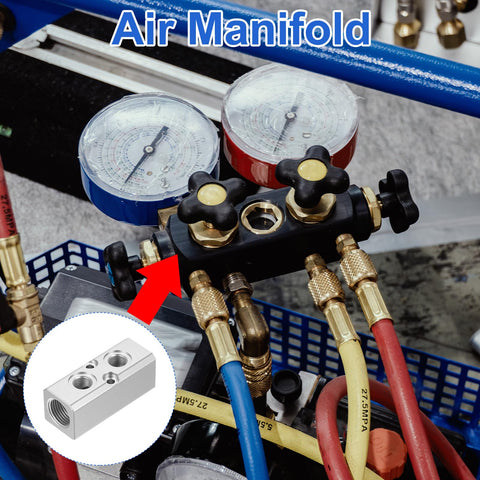 Rugged Aluminum Air Manifold 2 Way 4 Port Inline Block For Pneumatic Systems with gauges and hoses connected