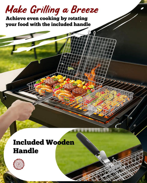 Two Pack Nesting Grill Baskets With Removable Handles For Outdoor BBQ Grillin Barbecue Gear Stainless Steel Camping