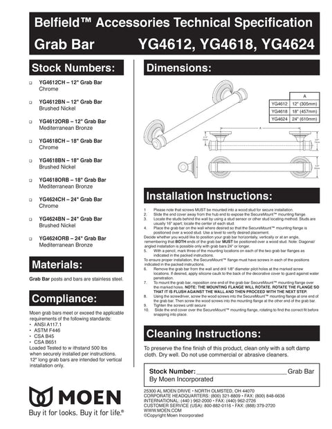 Belfield Matte Black 18-Inch Bathroom Grab Bar specifications sheet with dimensions and installation instructions.