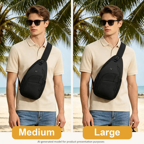 Model wearing medium size Waterproof Sling Bag For Travel And Hiking Convertible Crossbody Chest Bag Medium Size Black Casual