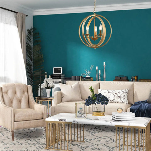 Gold Globe Pendant Light Fixture With Open Metal Spheres For Dining Room Living Room Bedroom Kitchen Island And Foyer Three Light Chandelier For Modern Dope Ambience Gold Finish For A Bright Warm Glow And Contemporary Vibe in elegant living room.