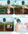 Instructional image showing steps to use 3 In 1 Soil Moisture Light And pH Tester Battery Free Gardening Tool for accurate readings.