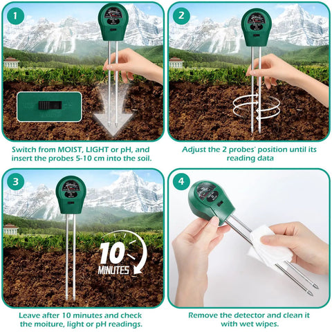 Instructional image showing steps to use 3 In 1 Soil Moisture Light And pH Tester Battery Free Gardening Tool for accurate readings.