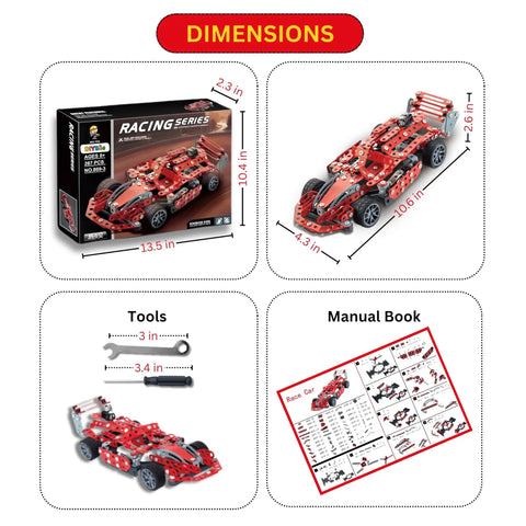 Metal Model Racing Car Kit With 287 Pieces For Kids 8 Plus STEM Building Toy packaging, dimensions, tools, and manual.