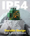 Three-Plane 3D Laser Level Kit With 3x360 Self-Leveling Green Cross Lines on rocky surface, showing IP54 durability.