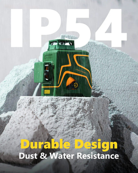 Three-Plane 3D Laser Level Kit With 3x360 Self-Leveling Green Cross Lines on rocky surface, showing IP54 durability.