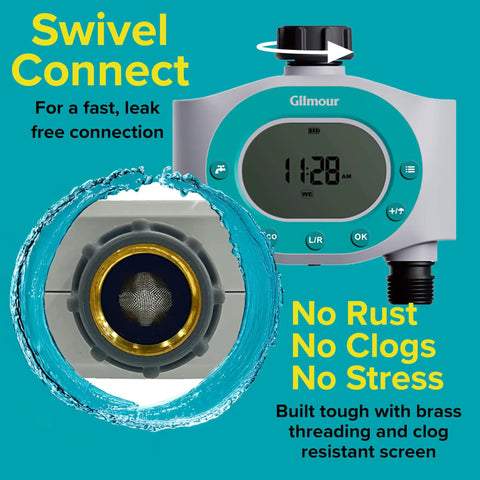 Two Zone Hose Timer For Garden And Lawn With LCD Display And Rain Delay Dual Outlet Sprinkler Controller showing swivel connector