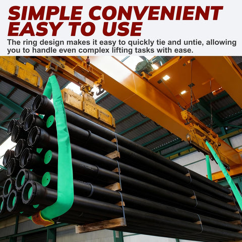 Green Polyester Endless Round Lifting Sling For Hoist Use securing pipes in a warehouse lifting with a crane.