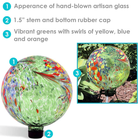 Green Artistic Glass Gazing Ball Globe Set Of Two, 10 Inch Garden Decor Orbs with vibrant swirls and ground base