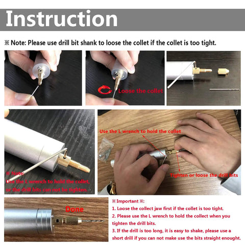 Instructional manual for Mini Handheld Micro Drill Kit with Aluminum Body 0.7 to 1.2mm Bits
