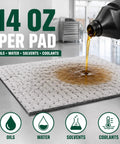 Heavy Duty Oil Absorbent Pads 15 By 20 Inches 50 Pack Tough As Nails soaking up 14 oz of oil, water, solvents, and coolants.