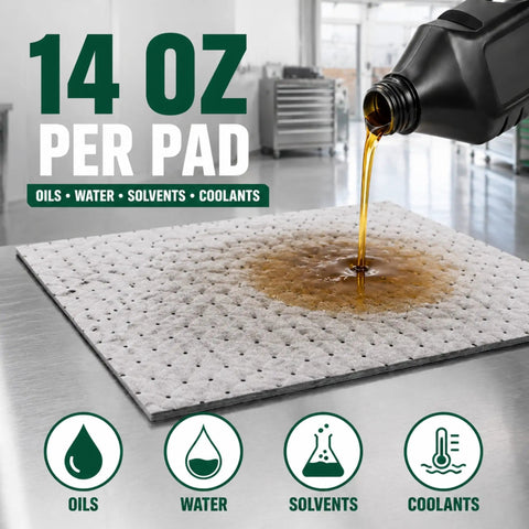 Heavy Duty Oil Absorbent Pads 15 By 20 Inches 50 Pack Tough As Nails soaking up 14 oz of oil, water, solvents, and coolants.