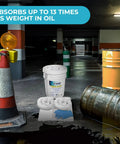 Oil Spill Response Kit With Portable Bucket OSHA Approved Includes 15 Absorbent Pads 2 Absorbent Socks 4 Disposal Bags And Nitrile Gloves Quick No Fuss Cleanup For Vehicles Shops And Jobsites in a parking garage setting.