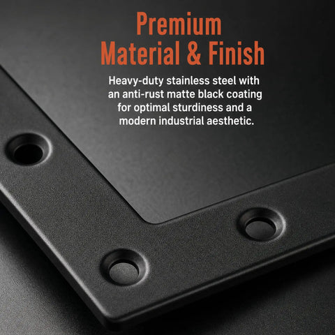 Close-up of black flat corner braces, metal material, with text description for Flat Corner Braces For Wood Frames, 20 Piece Kit.