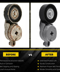 Side-by-side comparison of Smooth Drive Belt Tensioner Idler Pulley Kit For Toyota Camry 2010-2011 With 2.5L Gas Engine, before and after.