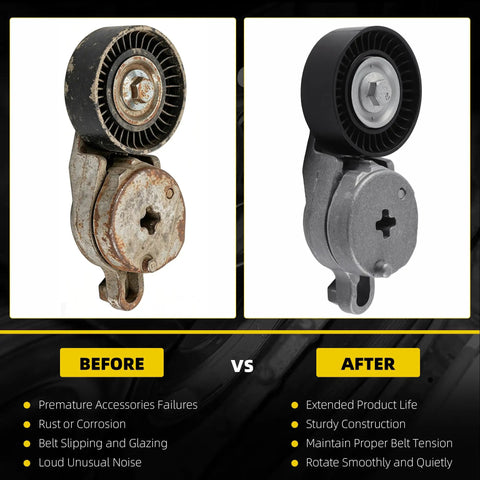 Side-by-side comparison of Smooth Drive Belt Tensioner Idler Pulley Kit For Toyota Camry 2010-2011 With 2.5L Gas Engine, before and after.