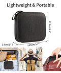 Compact black case of All In One Travel Sewing Kit for Beginners and Adults with size dimensions and travel scenes.