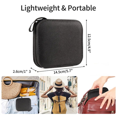 Compact black case of All In One Travel Sewing Kit for Beginners and Adults with size dimensions and travel scenes.