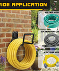 Heavy Duty Metal Wall Mounted Garden Hose Holder Reel For Outdoor Backyard Storage Rustproof Silicone Coated Bracket Durable Hook Stand For Water Hose Cords And Flexible Hoses mounted on brick wall with yellow hose.