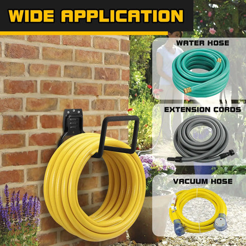 Heavy Duty Metal Wall Mounted Garden Hose Holder Reel For Outdoor Backyard Storage Rustproof Silicone Coated Bracket Durable Hook Stand For Water Hose Cords And Flexible Hoses mounted on brick wall with yellow hose.