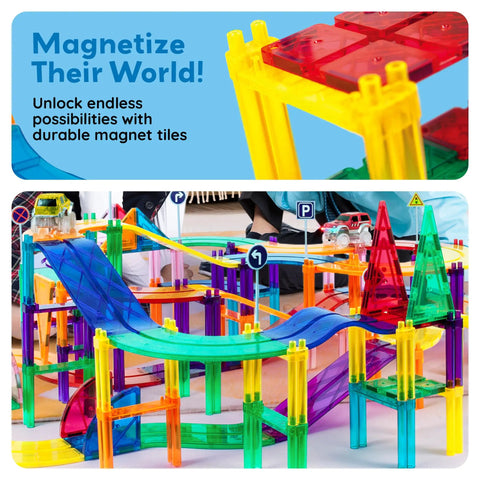 Colorful 150 Piece Race Car Track Magnetic Tile Building Set For Kids with 4 Cars on ramps and bridges