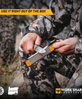 Person using Roam Ready Guided Field Sharpener With Diamond Guides And Adjustable Wrench in outdoor setting, sharpening a knife.
