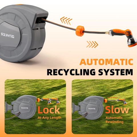 Retractable Garden Hose Reel With Wall Mount Half Inch By One Hundred Foot Hose Lock Any Length Slow Auto Rewind