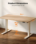 Upgrade Your Home Office With This CubiCubi 55 X 28 Electric One Piece Standing Desk In Rich Maple Finish, showcasing dimensions and smooth height adjustment.
