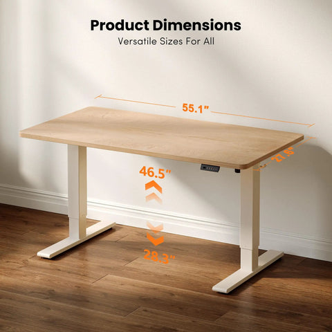 Upgrade Your Home Office With This CubiCubi 55 X 28 Electric One Piece Standing Desk In Rich Maple Finish, showcasing dimensions and smooth height adjustment.