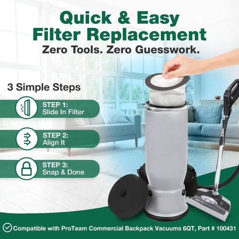 High Efficiency Replacement Vacuum Bags For ProTeam 6QT Commercial Backpack Vacuums, 50 Pack installation guide steps 1-3