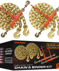 Grade 70 Three By Eight Inch Chain And Binder Kit With Two Chains And Two Binders For Flatbed Hauling And Load Securement Twenty Foot Length 6600 Pound Safe Working Load Built To Last, image showing two coiled chains with binders and product packaging.