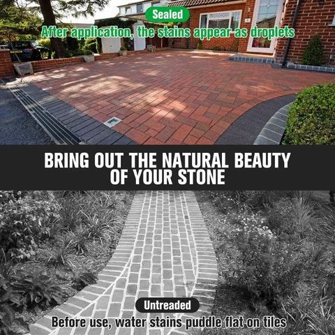 Before and after comparison of paver driveway sealed with Top Tier Stone Sealer One Gallon Slick Wet Look Finish For Pavers Driveways Patios.