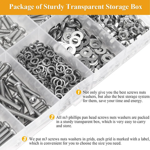 Package of Premium 565 Piece M3 Phillips Pan Head Machine Screws Hex Nuts Assortment Kit in transparent storage box.