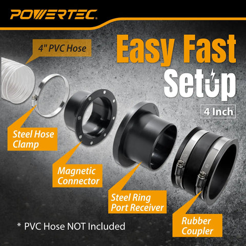 Magnetic Dust Collection Fittings Kit For Four Inch And Two And A Half Inch Quick Connect Hose includes magnetic connector, clamp, receiver.