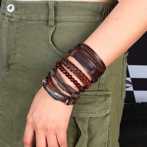 Dope Vintage Punk Wrap Bracelet Set Of Six Braided Faux Leather Cuffs For Men And Women adjustable brown stack worn on wrist.