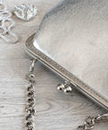 Metal Purse Frame Set Six Pcs With Vintage Arch Kiss Lock Clasp Embossed Silver Tone shown with clasp and chain detail